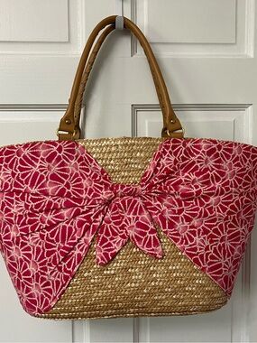Calypso St. Barth Pink-Accent Straw Tote with Tan Handles
